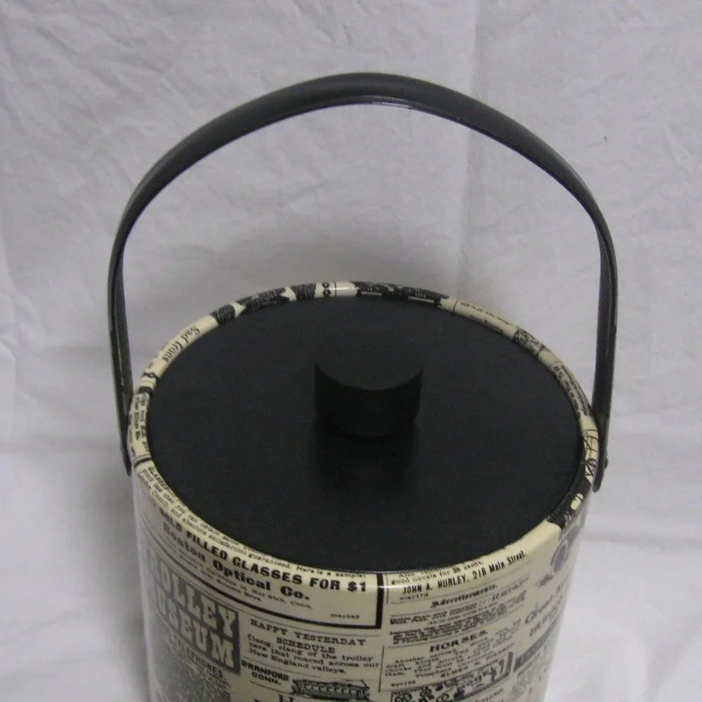 Vintage 70s Ice Bucket Retro Newspaper Advertising Print Barware Insulated